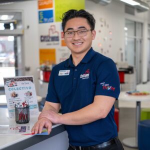 young man at desk smiling into camera